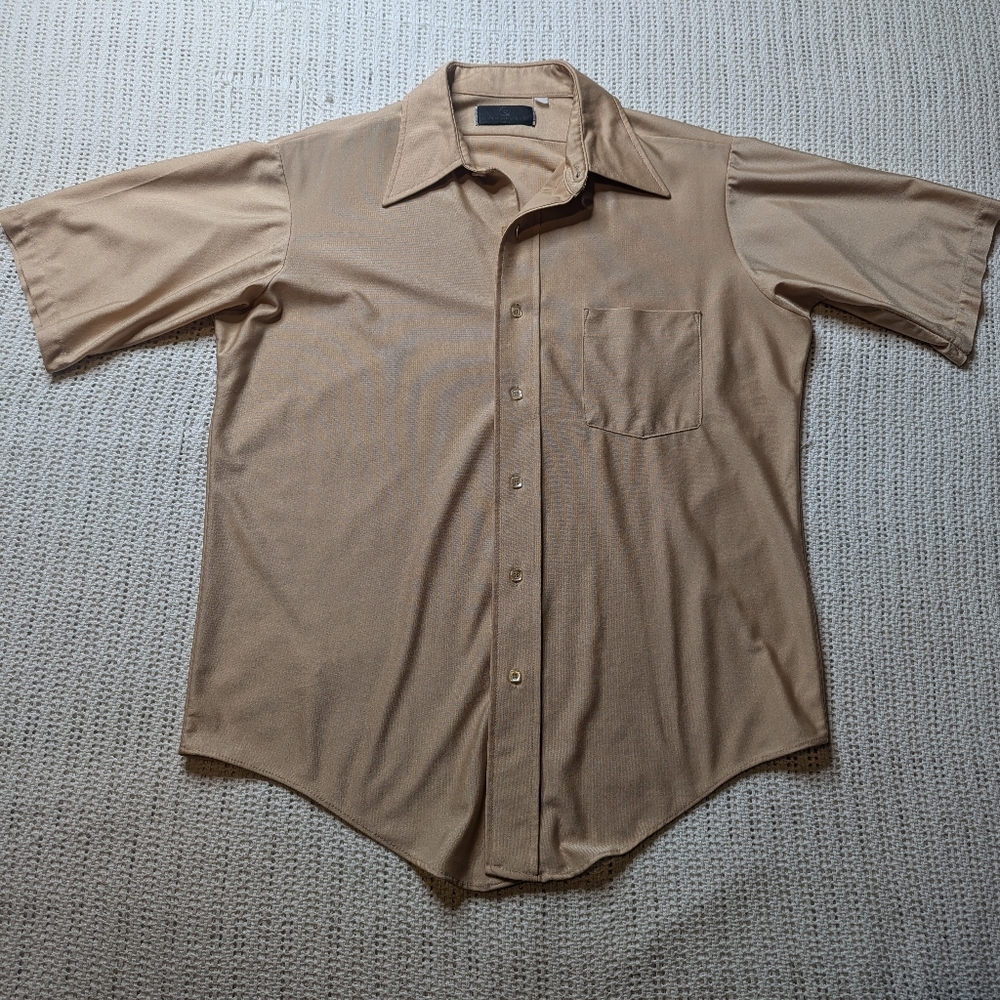 Vintage Van Heusen Van Q Shirt Men's Large Tan Short Sleeve Qiana Nylon 80s